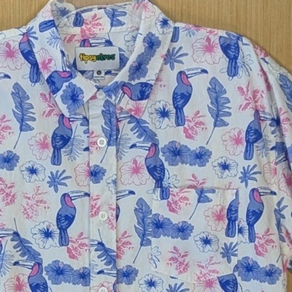 Tipsy Elves Mens XL Toucan Tropical Floral Summer Beach Button Down Shirt White